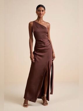 Lulus Chocolate Brown Satin One-Shoulder Maxi Dress XS Slit Draped Formal guest